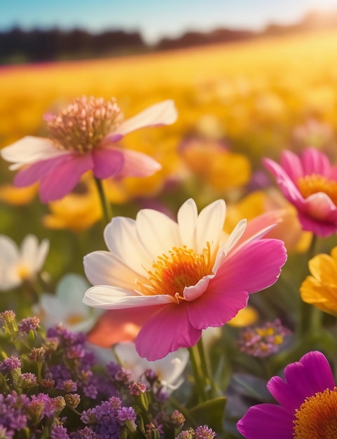 Campo di fiori alla luce del sole sullo sfondo di un giardino primaverile o estivo