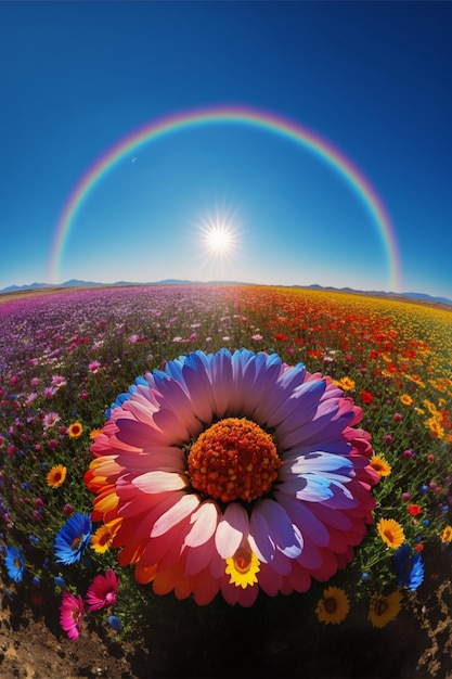 Campo di fiori con un arcobaleno sullo sfondo ai generativo