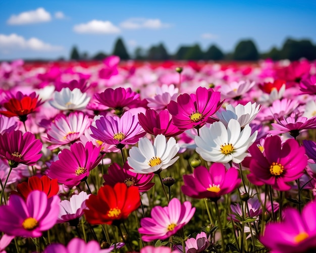 Campo di fiori del cosmo rosa e bianchi vivaci sotto un cielo blu limpido