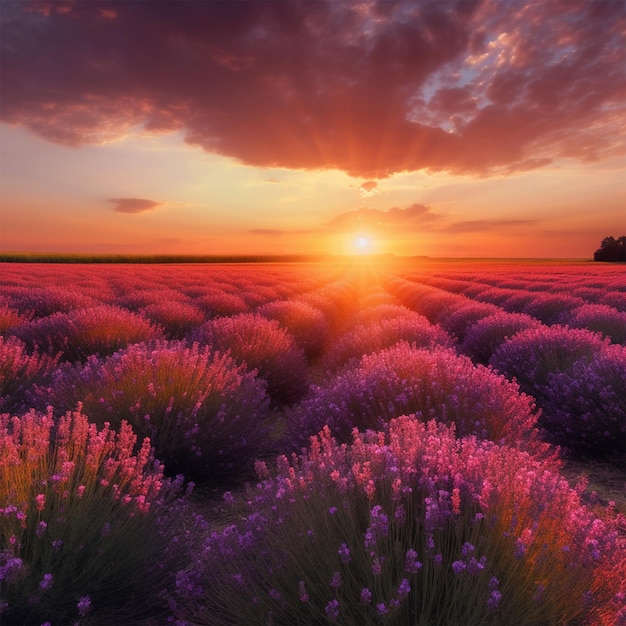 Campo Di Fiori Di Lavanda Con Un Tramonto