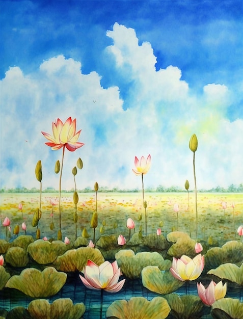 Campo di fiori di loto acquerello con cielo blu Ai generativa