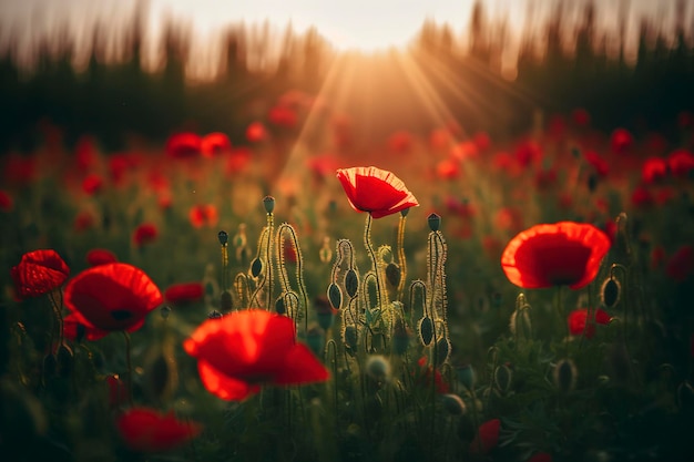 Campo di fiori di papavero rosso per onorare i soldati veterani caduti nella battaglia di Anzac giorno dell'armistizio Fiori selvatici fiorenti paesaggio di campi di papavero generano ai