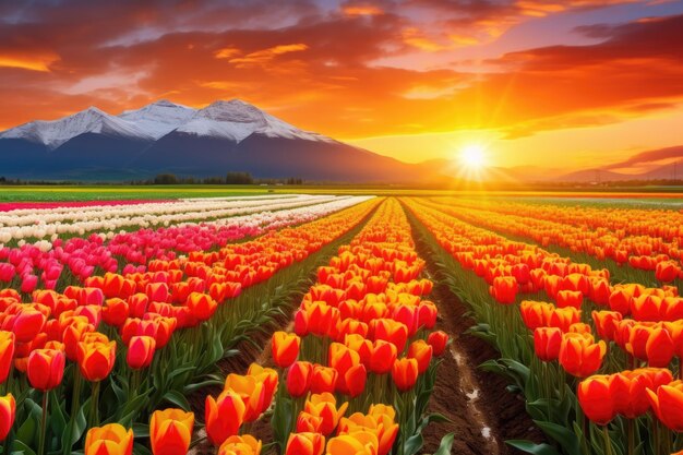 Campo di fiori di tulipano all'alba con un cielo bellissimo