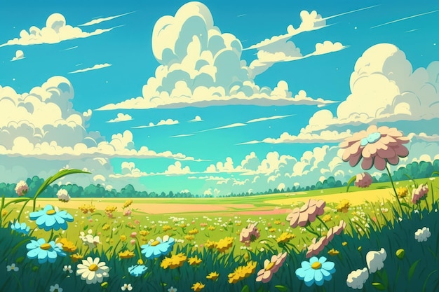 Campo di fiori primaverili e cielo ideale