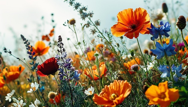 Campo di fiori selvatici in primavera Bellissimi fiori selvatiche su un prato verde Una calda sera d'estate Fiorente