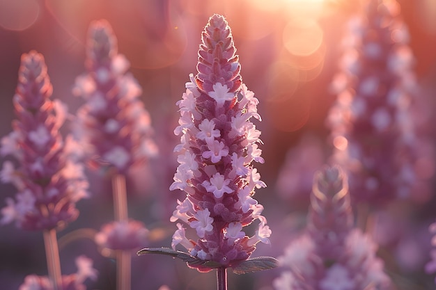 Campo di fiori viola con il sole sullo sfondo AI generativa