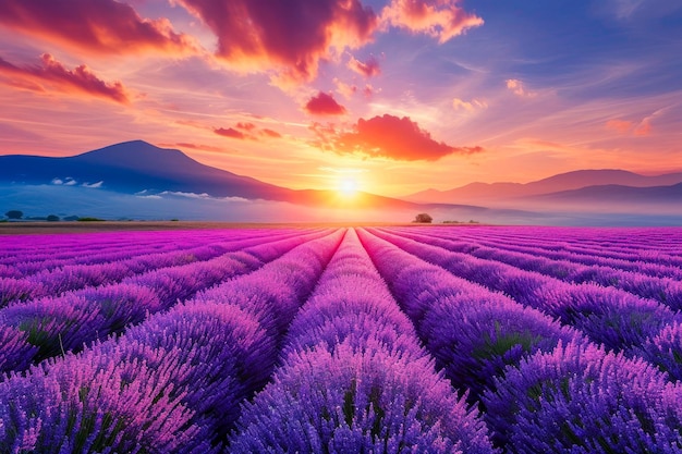 Campo di fiori viola con il tramonto in lontananza