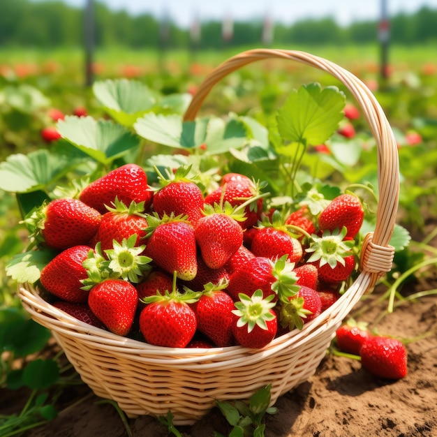 Campo di fragole in un'azienda frutticola Fragole mature fresche nel cesto bianco IA generativa