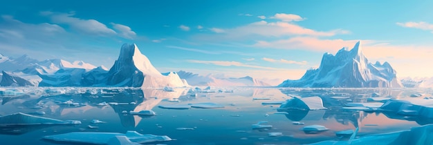 campo di ghiaccio artico con iceberg galleggianti