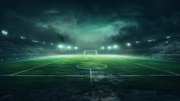 Campo di gioco di calcio testurizzato con centro campo di nebbia al neon