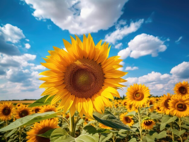 Campo di girasole su sfondo blu cielo nuvoloso paesaggio estivo