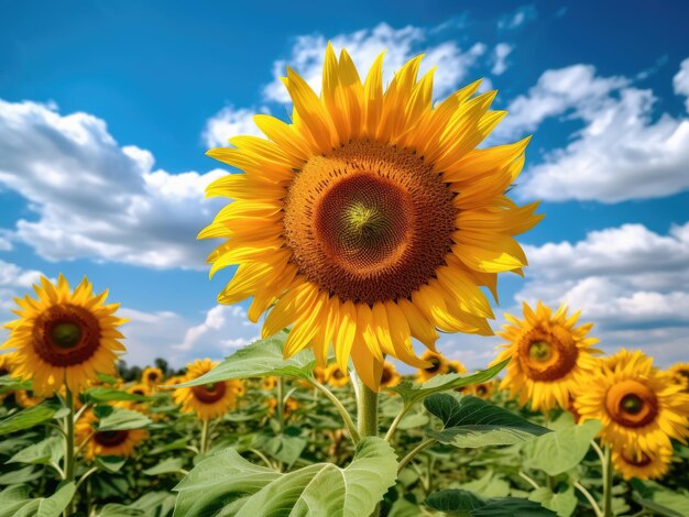 Campo di girasole su sfondo blu cielo nuvoloso paesaggio estivo