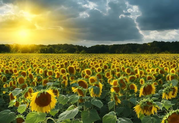 Campo di girasoli al tramonto. bella vista serale. Alba