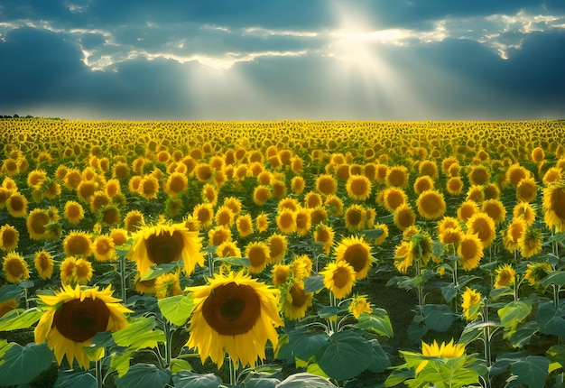 Campo di girasoli al tramonto. bella vista serale. Alba