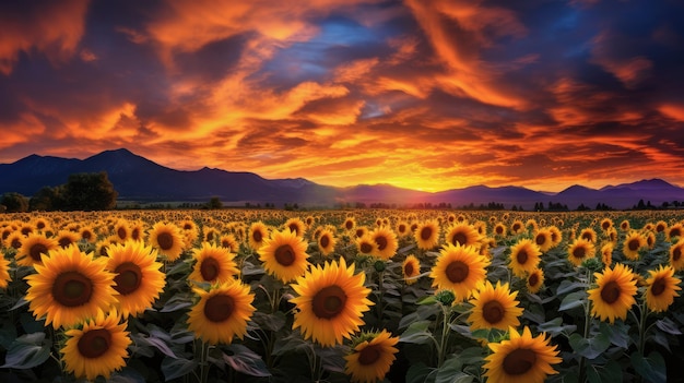 Campo di girasoli al tramonto Bellissimo paesaggio con girasoli