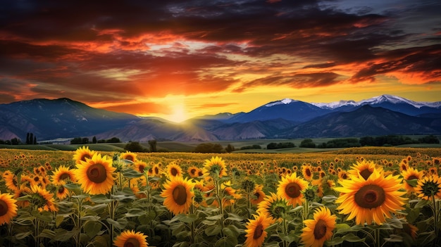 Campo di girasoli al tramonto con girasoli e montagne sullo sfondo