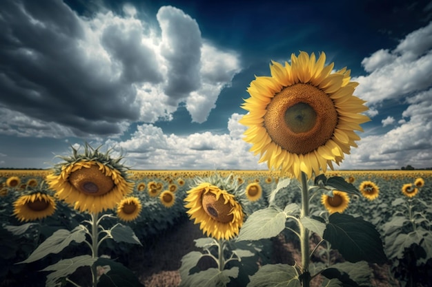 Campo di girasoli con nuvole bianche paesaggio diurno AI Generativo