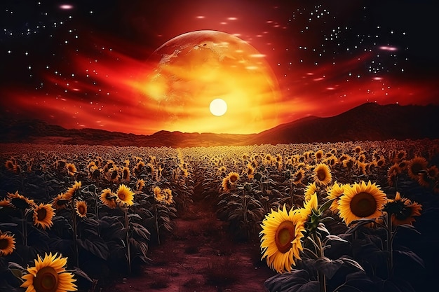 Campo di girasoli nella notte di luna piena