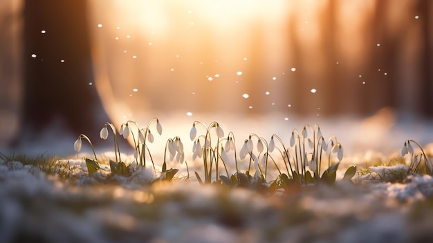 Campo di gocce di neve nella neve nel bosco immagine generata dall'AI