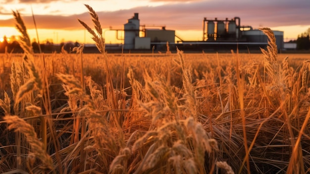 campo di grano al tramonto con silos