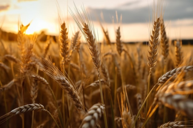 campo di grano arato con il tramonto sullo sfondo generativo ai