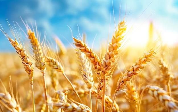 campo di grano contro un cielo blu con il sole dietro di esso