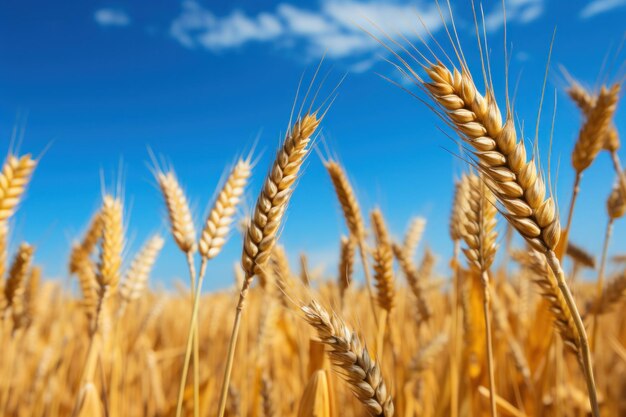 Campo di grano dorato maturo sullo sfondo del cielo blu