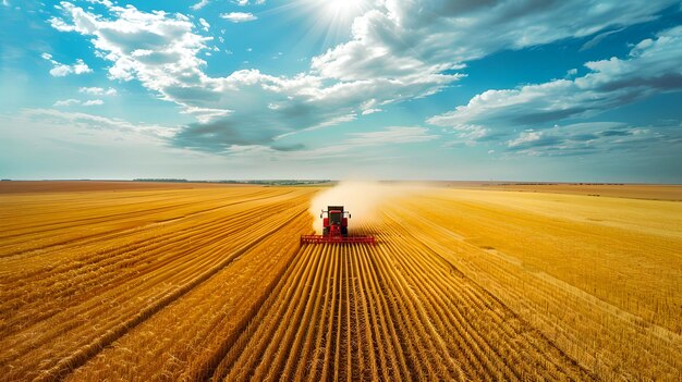 Campo di grano dorato sotto un cielo blu con il bagliore del sole Farmer arando una vasta terra in una giornata di sole Paesaggio rurale concetto agricolo Perfetto per sfondi e disegni ambientali AI