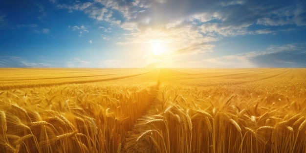 Campo di grano dorato sotto un cielo blu con il sole che sorge all'orizzonte Illustrazione realistica dell'IA generativa