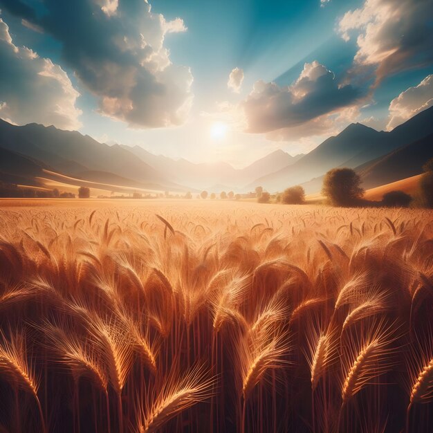 Campo di grano dorato sotto un cielo dinamico al tramonto