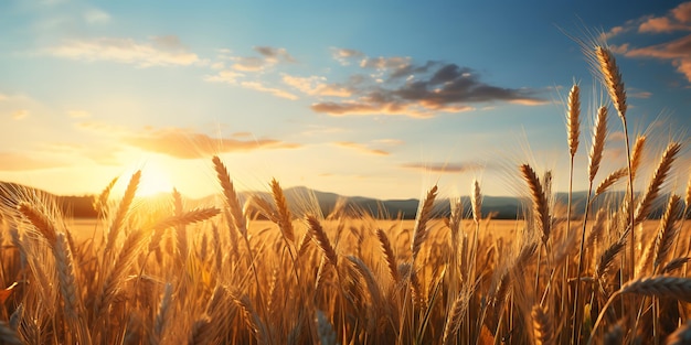 Campo di grano e bellissimo tramonto Composizione della natura Rendering 3D
