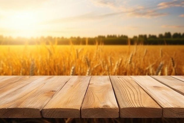 Campo di grano illuminato al tramonto con tavolo di legno per il montaggio della vetrina dei prodotti