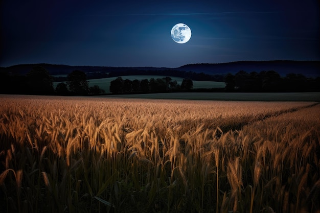 Campo di grano illuminato dalla luna pronto per il raccolto creato con l'IA generativa