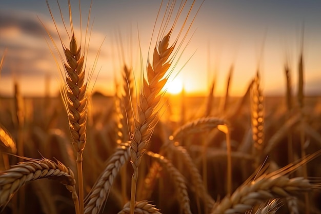 Campo di grano Maturazione delle orecchie del campo di grano Ricco raccolto Concetto Orecchie di grano dorato Paesaggio rurale sotto la luce del sole splendente