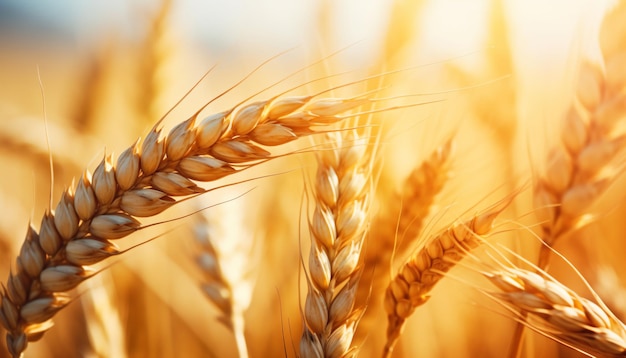 Campo di grano pieno di cereali maturi orecchie d'oro di grano o segale da vicino AI generato