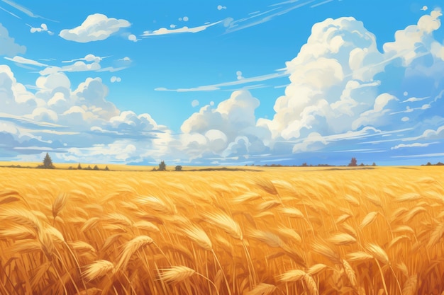 Campo di grano ucraino con carta da parati anime cielo blu