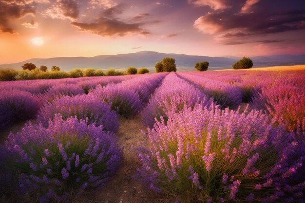 Campo di lavanda al tramonto con fiori viola brihuega guadalajara spagna foto verticale