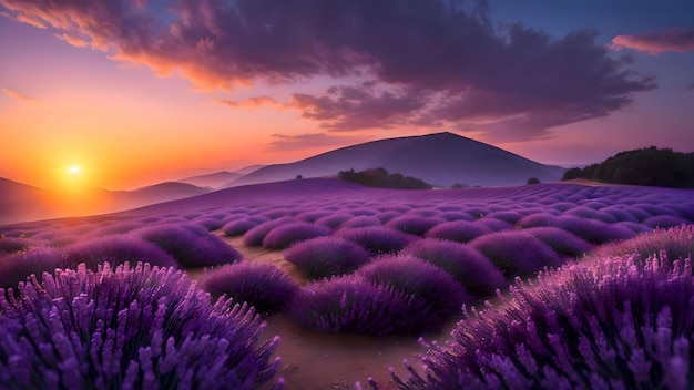 campo di lavanda al tramonto su un paesaggio di montagna sfocato AI Generato