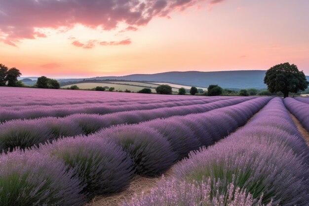 Campo di lavanda con dolci colline e cielo pastello sullo sfondo creato con l'IA generativa