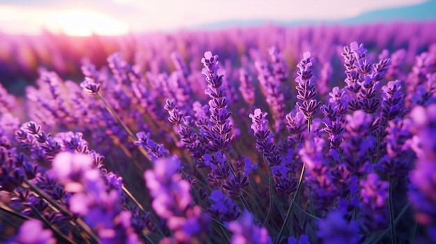 Campo di lavanda con il sole che tramonta dietro di esso