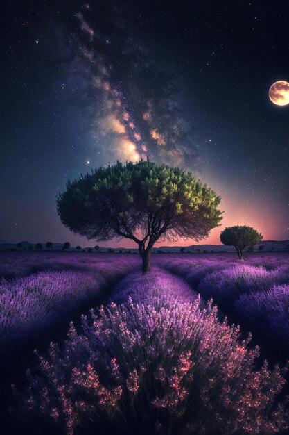 campo di lavanda con la luna