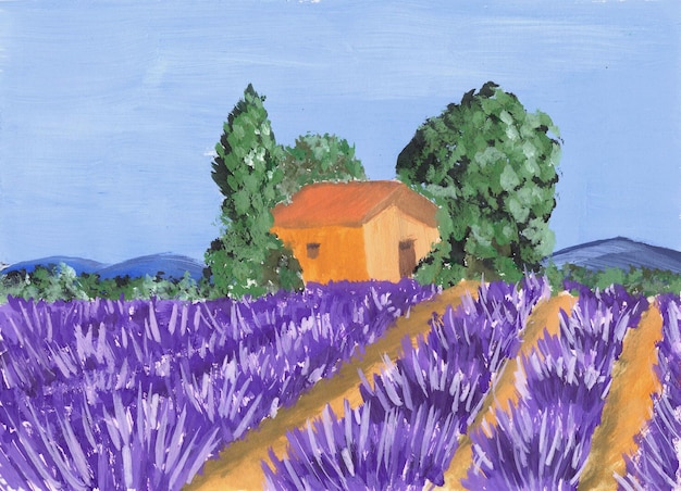 Campo di lavanda con un bellissimo paesaggio di casa in una giornata di sole a guazzo illustrazione