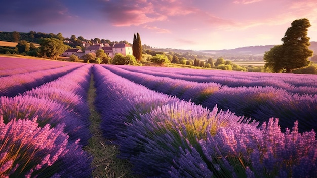 Campo di lavanda con una casa sullo sfondo