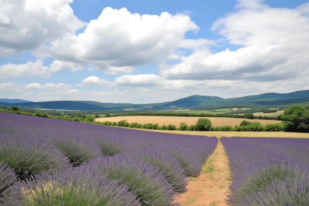 Campo di lavanda con vista su dolci colline e cielo blu creato con intelligenza artificiale generativa