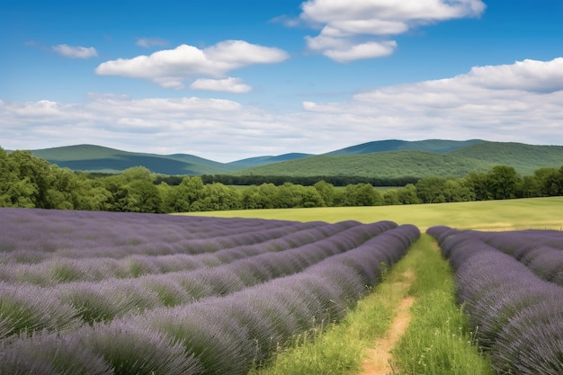 Campo di lavanda con vista su dolci colline e cielo blu creato con intelligenza artificiale generativa