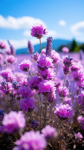 Campo di lavanda contro il cielo blu generato dall'intelligenza artificiale