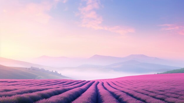 Campo di lavanda infinito nel momento magico del tramonto cielo rosso arancio viola