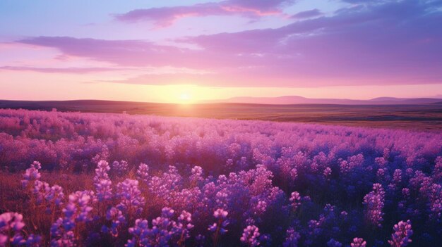 Campo di lavanda infinito nel momento magico del tramonto cielo rosso arancio viola