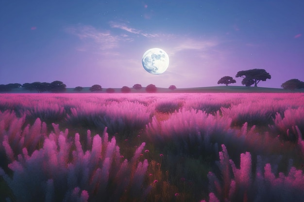 Campo di lavanda nella notte di luna piena