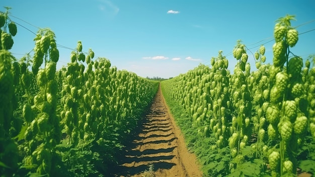 Campo di luppolo verde Cestini di luppolo completamente coltivati Campo di luppolo in Baviera Germania Il luppolo è l'ingrediente principale